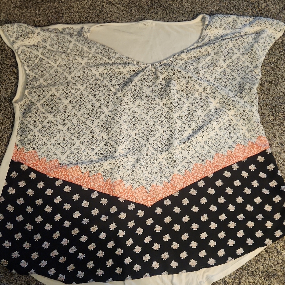 Maurices Geometric Print Blouse - Black, White, Coral
